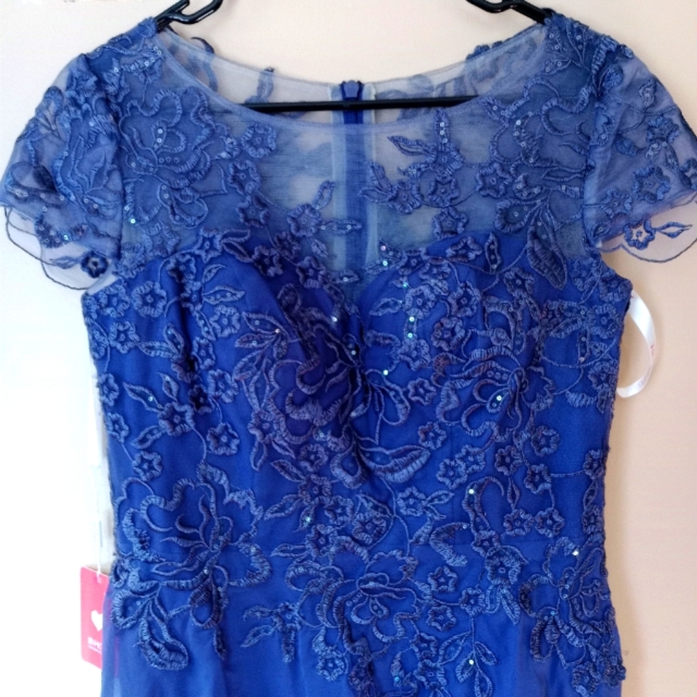 JJ's House A-line Tea-Length Lace Dress with Sequins. Color: Stormy. Size 12